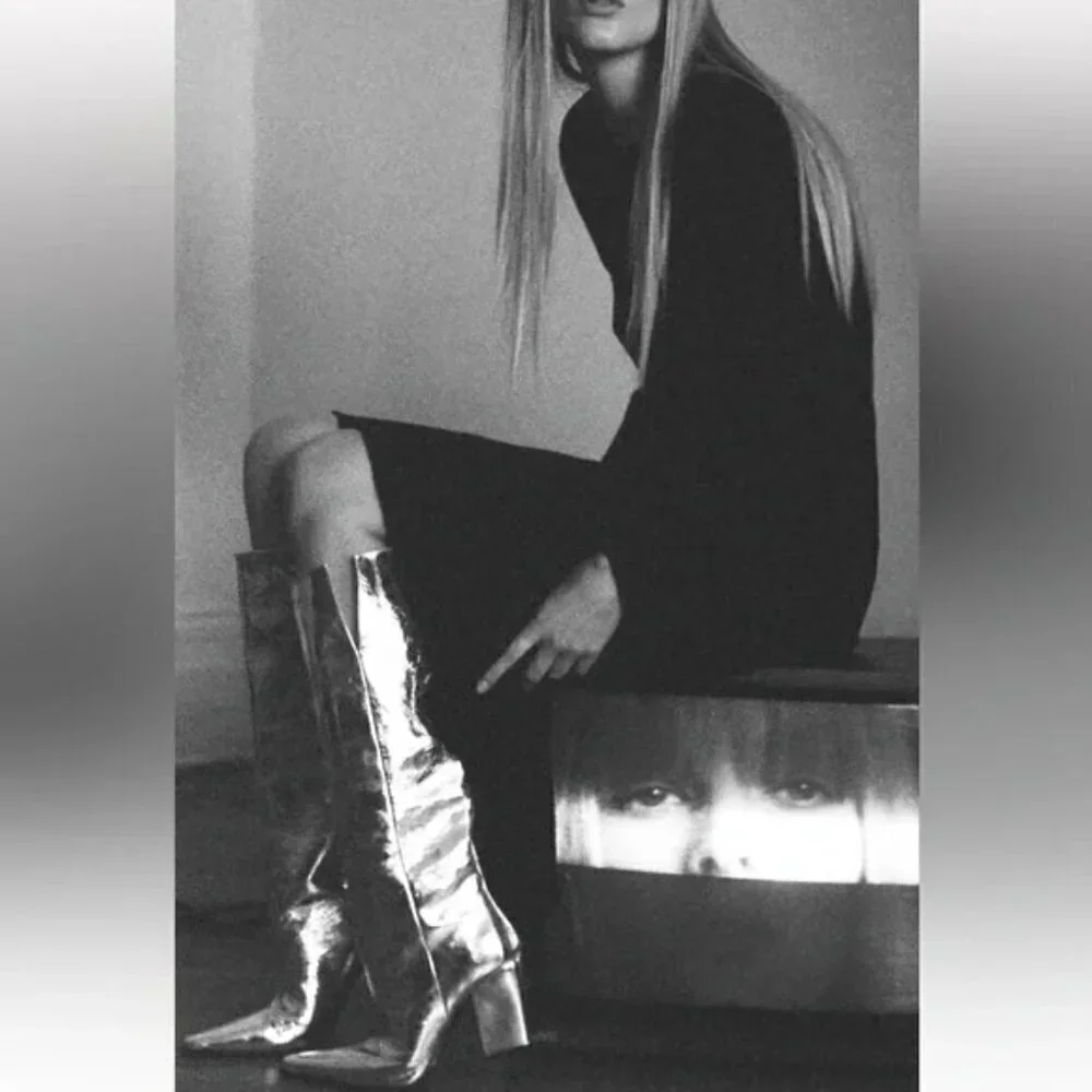 ZARA 100% LEATHER METALLIC HEELED KNEE HIGH BOOTS - Picture 3 of 13